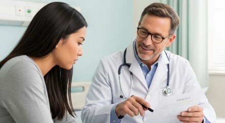 A doctor and patient discussing medical records in a hospital setting.