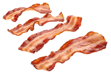 Curled and flat pieces of crispy cooked bacon, isolated on a transparent background for breakfast, food, or culinary design projects.
