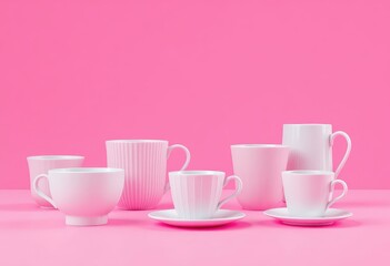 Assorted white ceramic cups and saucers against a vibrant pink backdrop.