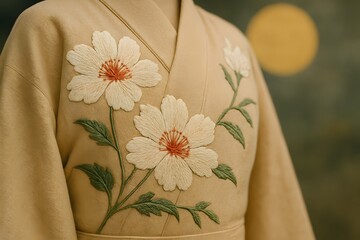 Elegant beige traditional kimono with detailed floral embroidery design featuring white blossoms and green leaves, showcasing fine craftsmanship and Japanese cultural heritage

