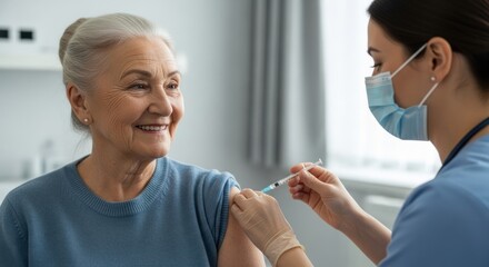 A nurse administers a vaccine to an elderly woman in a medical office.
