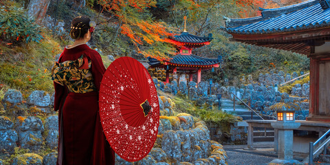 Japanese Woman in Traditional Kimono Dress at Otagi Nenbutsu-ji temple with beautiful foliage in...