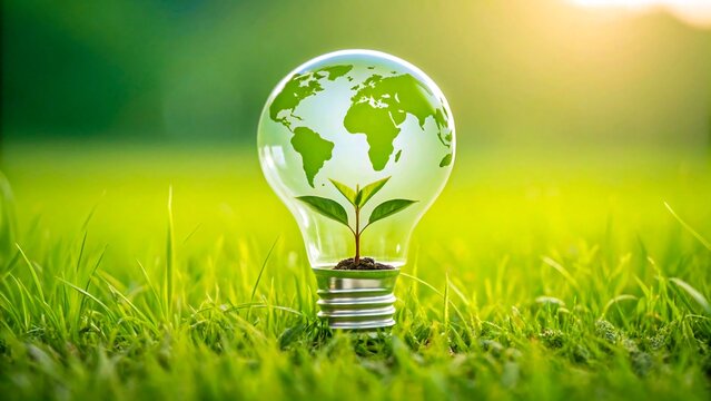 Green energy concept with a glowing light bulb in grass showing earth map and plant for sustainable environment
