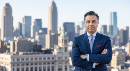 A man in a suit standing on a rooftop with a city skyline in the background.