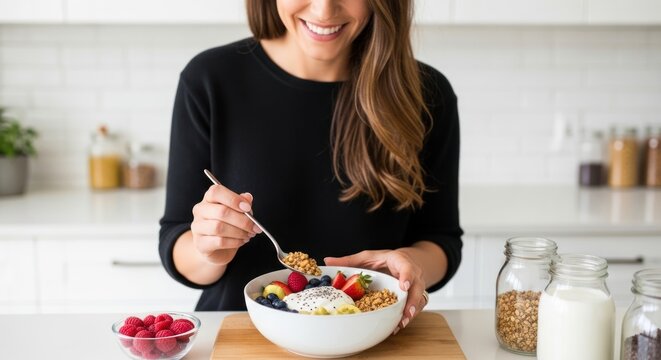 A woman in a black dress holding a bowl of granola, yogurt, and berries in a kitchen.