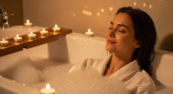 A woman in a white bathrobe relaxing in a bubble bath with candles. - Powered by Adobe