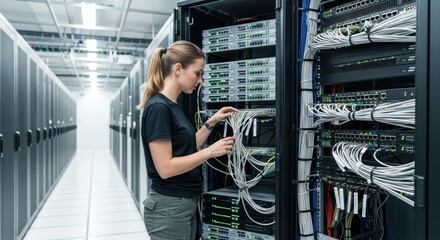 A woman in a server room, working on a network switch.