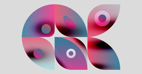 Abstract colorful shapes overlap, creating dynamic composition. Gradients blend pinks, blues, purples on light gray background. Modern design.