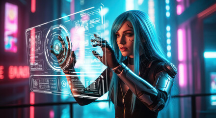 A futuristic, cyberpunk woman with blue hair and a black outfit, interacting with a holographic interface in a neon-lit, high-tech environment.