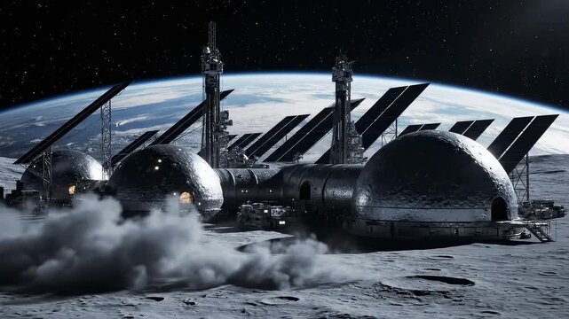 Futuristic lunar base with Earth glowing in background, advanced solar panels generating power, and smoke billowing from the surface, hinting at ongoing operations