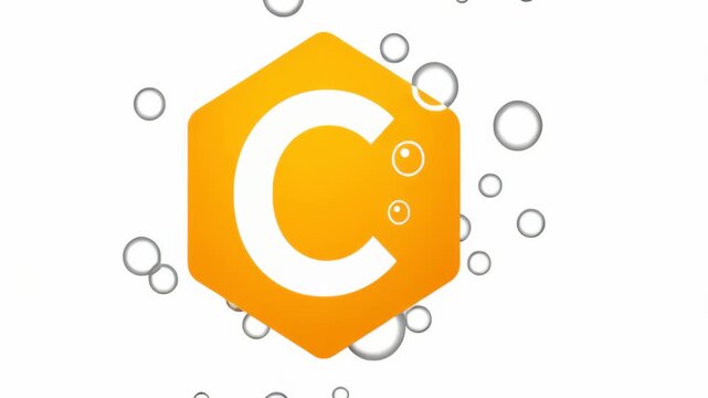 Vitamin C orange hexagon with white background featuring bubbles and simple minimalistic logo design with two small circles