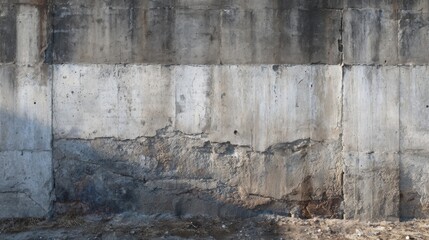 Textured concrete wall displays a mix of light and dark patches, revealing years of weathering and wear. Soft shadows enhance the details of this aged structure.