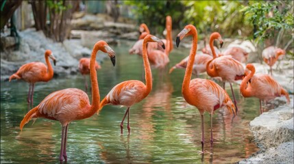 Groups of vibrant flamingos are elegantly standing in shallow water, their striking pink feathers contrasting with green foliage under bright sunlight.