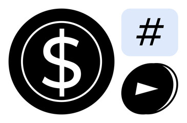 Dollar sign in a circle, metadata tag in a square, and play button in a rounded icon. Ideal for finance, social media, technology, marketing, communication, branding simple landing page