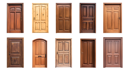 Set of various wooden doors isolated on transparent background