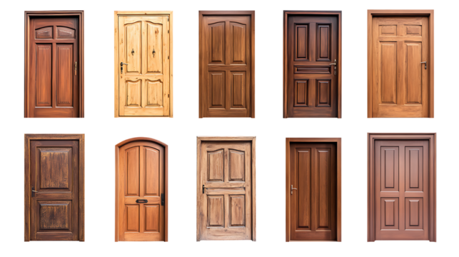 Set of various wooden doors isolated on transparent background