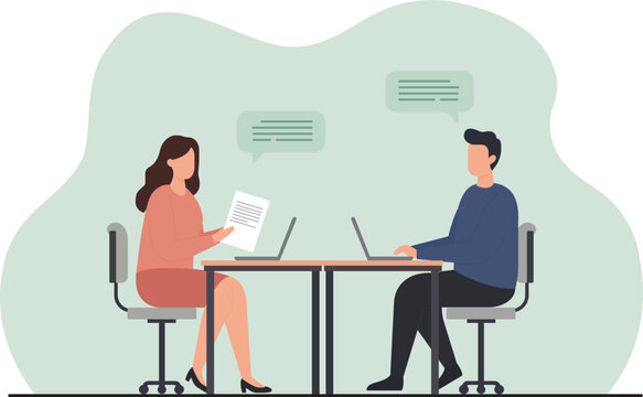 A flat vector illustration of two colleagues in a business meeting or job interview, communicating and collaborating at a desk with laptops