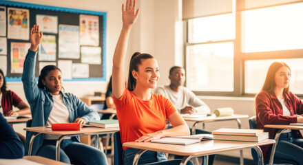 A diverse group of students in a classroom setting, raising their hands to answer a question.