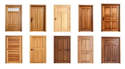 Variety of wooden interior doors isolated on transparent background