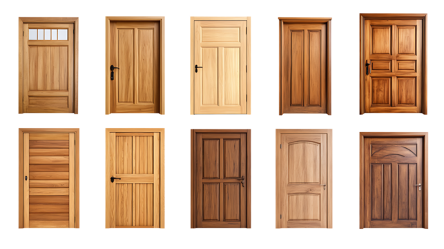Variety of wooden interior doors isolated on transparent background