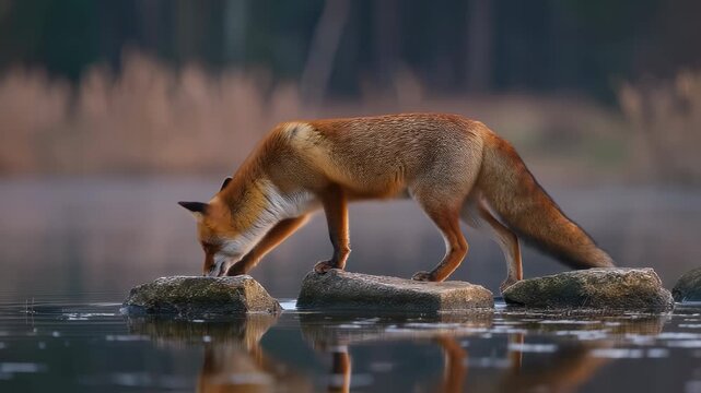 Red fox perched on river stones, intently focused on prey over glassy water in a pristine natural hunting scene