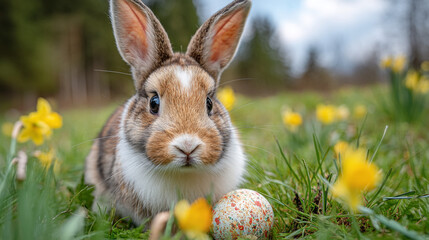 Fototapeta premium A rabbit sitting in a field of daffodils with an easter egg in the foreground
