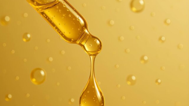 Vitamin c serum. Golden serum dropper releasing liquid oil with bubbles, glowing skincare essence, smooth golden bubble oil for radiant skin beauty