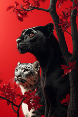 Black panther and snow leopard, sitting in a tree with red flowers. Black panther in front of snow leopards, majestic posture, white fur on the body of the snow leopard, mysterious atmosphere.