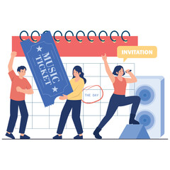 Obraz premium Music Festival Illustration. Vector illustration of People holding a giant music ticket with a calendar reminder for an upcoming concert or music festival event. Isolated on background