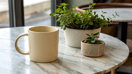 beige coffee mug on marble table with small plant