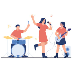 Music Festival Illustration. Vector illustration of A band performing live with a singer, guitarist, and drummer playing music joyfully during a concert or festival. Isolated on background