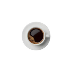 Fototapeta premium A top-down view of a white ceramic cup and saucer filled with black coffee, featuring a layer of crema, placed on a plain transparent background.