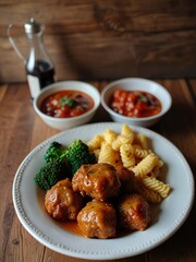 Fototapeta premium Hearty italian meatballs with pasta and greens on a rustic wooden table