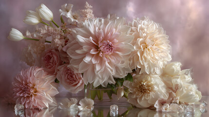 Elegant Floral Arrangement of Pale Pink Dahlias, Roses, and White Tulips with Ice Cubes flower