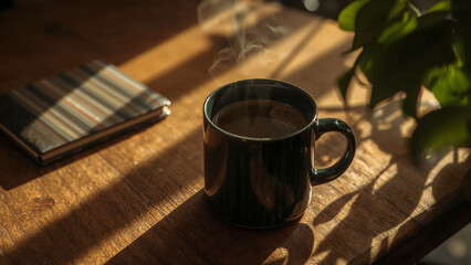 Steaming Coffee Mug and Striped Notebook on a Wooden Table with Sunlight drink beverage