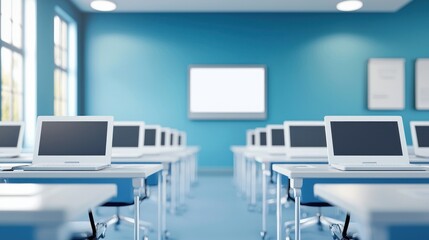 A classroom with blue walls, white desks, and laptops on them.