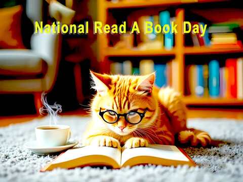 Adorable cat wearing glasses reading a book with coffee for national read a book day