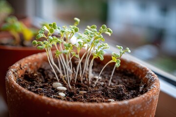 Fresh Green Seedlings Growing in Brown Pot on Sunlit Windowsill