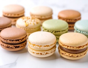 Obraz premium An assortment of pastel-colored macarons arranged on a marble surface