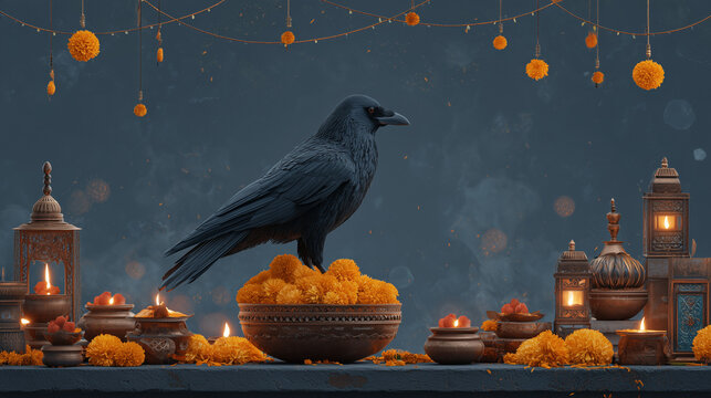 Tihar banner, worship of crow with offerings on rooftop, Kag Tihar scene