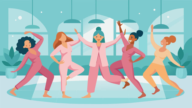 A girls getaway weekend where pampering and fitness collide as friends share a Pilates session in their matching silk pajamas at a luxurious spa. Vector illustration