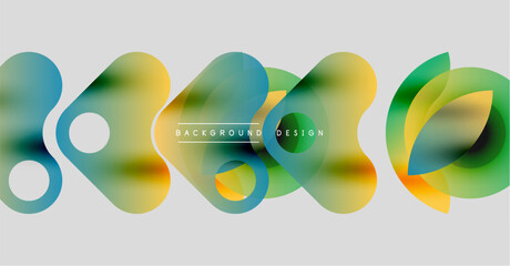 Abstract colorful shapes overlap, creating dynamic visual effect. Gradient hues blend smoothly, forming modern background design.