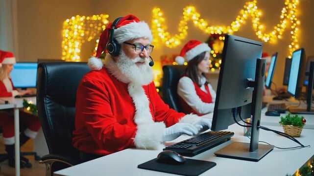 Santa Claus in headset working on computer in decorated office with Christmas lights and colleague in festive costume at desk