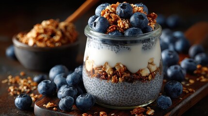 Fresh Blueberry Parfait with Granola and Chia Seeds in Jar