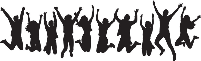 Silhouette of People Jumping in Celebration on White Background