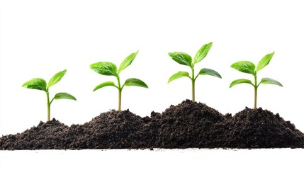 Four green seedlings growing in soil against a white background.