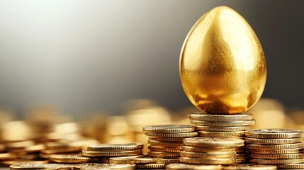 A golden egg on a stack of coins with a blurred background.