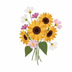 Obraz premium Cheerful Sunflower and Cosmos Bouquet with Pink and White Blooms, Green Leaves