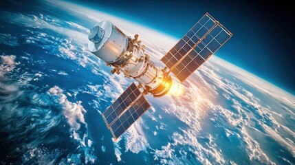A satellite in orbit above Earth, with solar panels and a solar array. The space exploration concept of space technology and space travel.