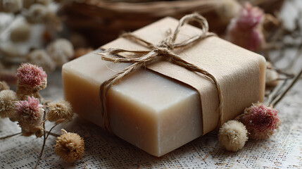 Miniature Beige Soap Bar in Kraft Paper Wrapper